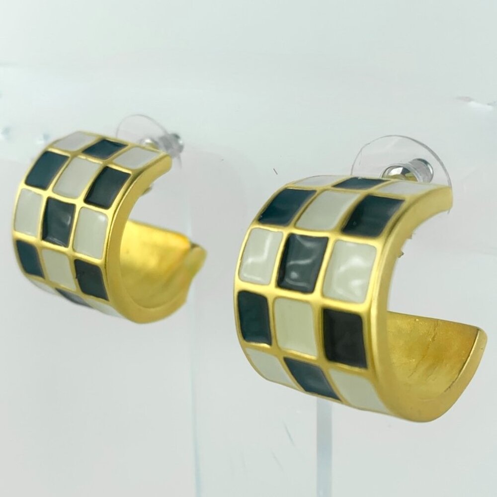 Karl Lagerfeld Vintage pierced hoop earrings Black White enamel Gold plate